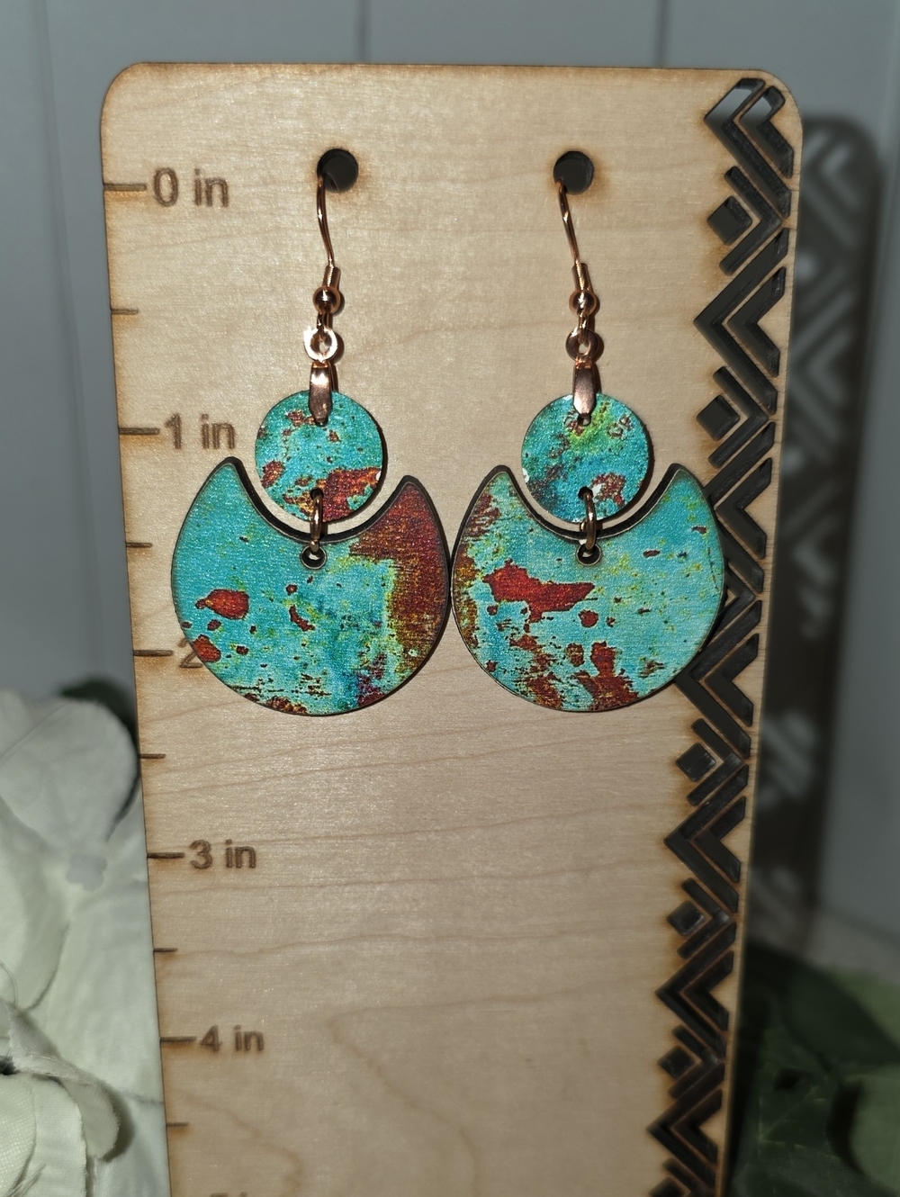 Turquoise Patina Crescent Drop Earrings with Copper Accents - Women Jewelry